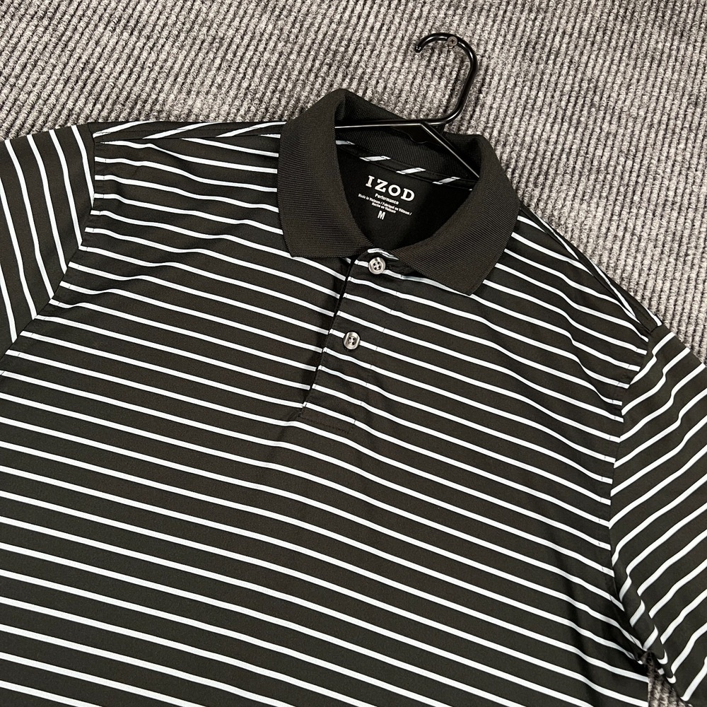 IZOD Performance Polo Shirt Mens Medium Black Striped Short Sleeve Golf Casual